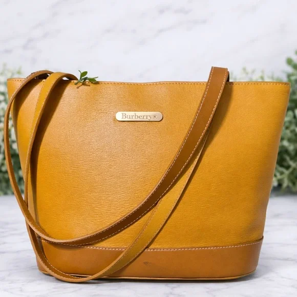 Vintage Burberrys Mustard Leather Satchel – Equestrian Knight - Picture 1 of 16